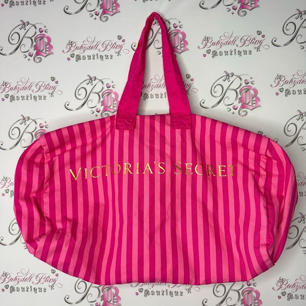 Victoria secret duffle bag large striped OG rare pink gold writing large tote